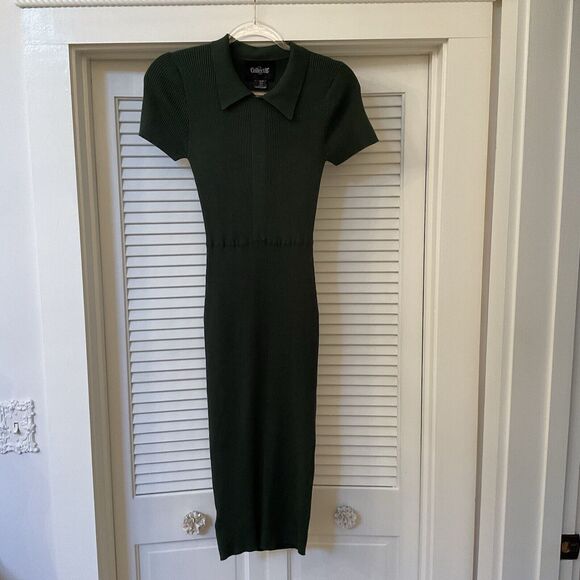 Collectif Vintage Green Ribbed Short Sleeve Knit MIDI Dress Collar, Size 2 - Picture 4 of 16